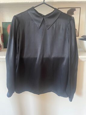 Vintage Black Satin Long-Sleeve Collared Blouse